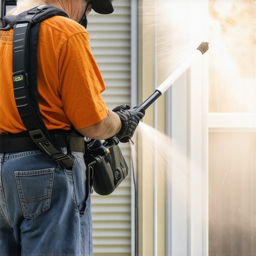 Professional power washer using eco-friendly equipment on a house exterior.