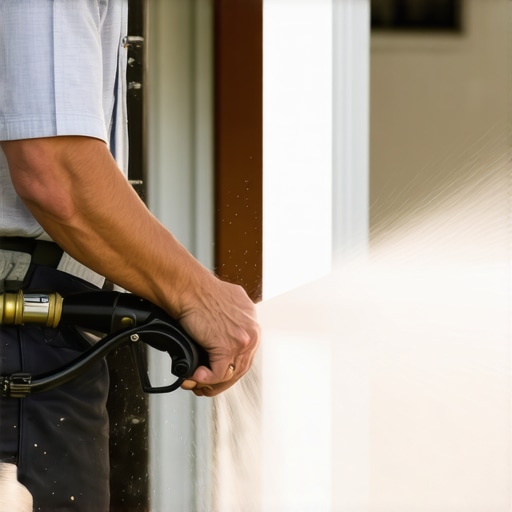 Professional adjusting power washer nozzle on a house