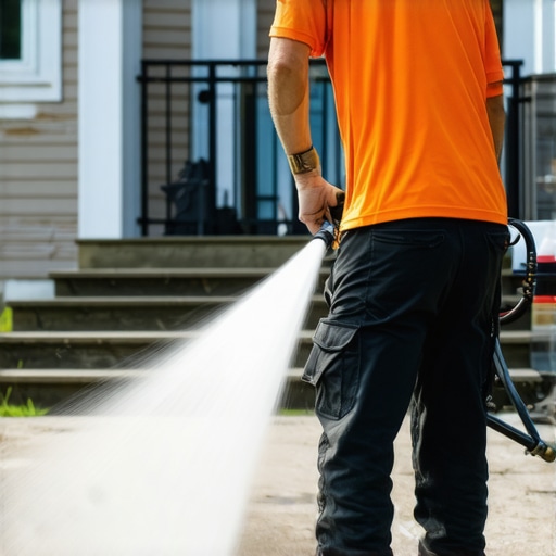 Expert Power Washing Equipment in Action Professional power washing equipment cleaning a home exterior with proper technique