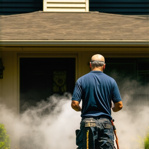 Power washing professional preparing a home exterior safely Power washing professional preparing a home exterior with proper surface protection and equipment.