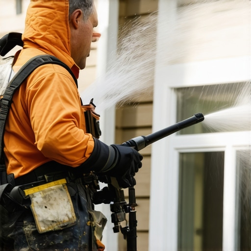 Close-up of a professional power washer cleaning house exterior with adjustable nozzle and safety equipment.
