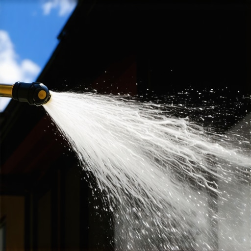 Close-up of power washer nozzle cleaning house exterior