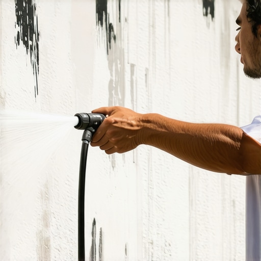 Person adjusting power washer nozzle on textured wall for delicate cleaning.