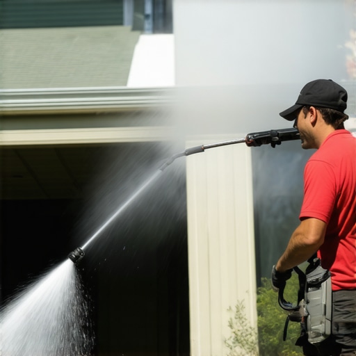 Professional power washer using specialized equipment on a house exterior