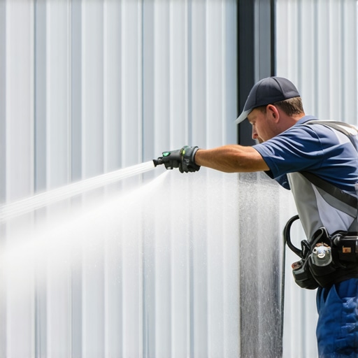 Expert Power Washing Technique Technician carefully adjusting nozzle during power washing process.