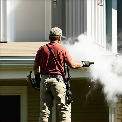 Expert Power Washing in Action A professional power washer carefully cleaning a house exterior with proper equipment.