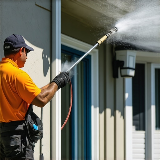 Power Washing Technique Professional power washing technician adjusting equipment on a house exterior