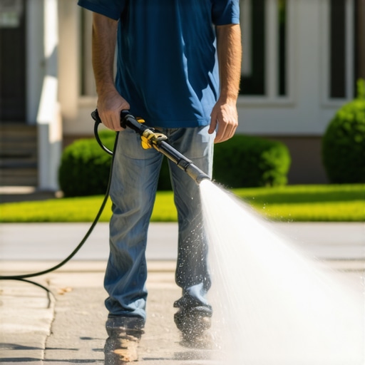 Homeowner power washing driveway with professional technique.