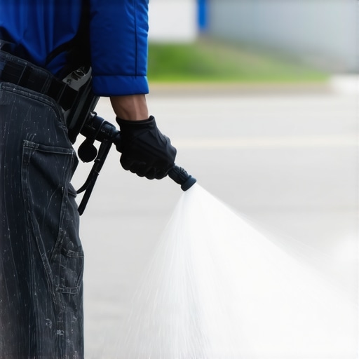 Technician adjusting pressure washer controls to ensure surface safety and cleaning accuracy.