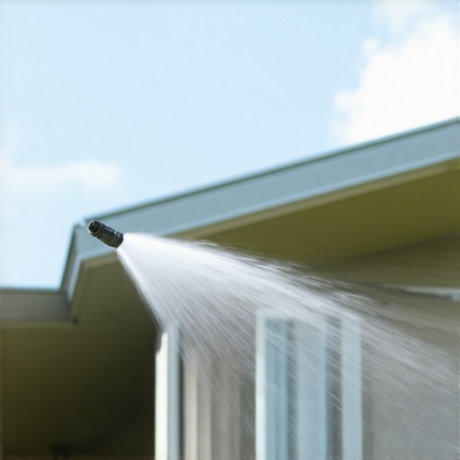 Power washer nozzle spraying siding during cleaning