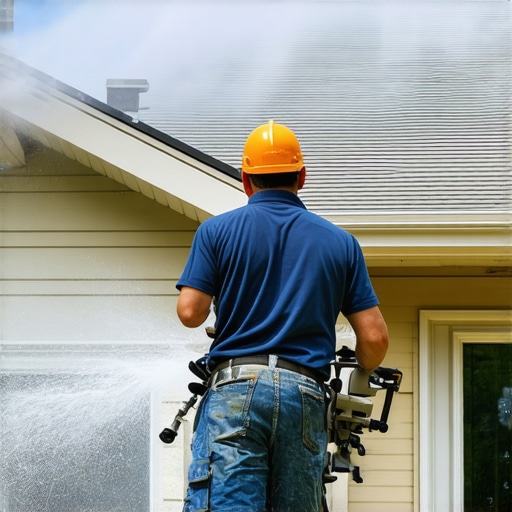 Professional Power Washing in Action Power washing equipment cleaning house exterior with proper technique.