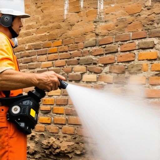 Professional Power Washing of Brick Surface with Eco-Friendly Solutions Expert cleaning textured brick wall with eco-friendly power washing techniques