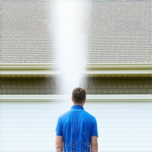Professional power washing a house exterior with a pressure washer in bright daylight