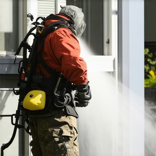 Power washer cleaning house siding with safety gear and proper technique.