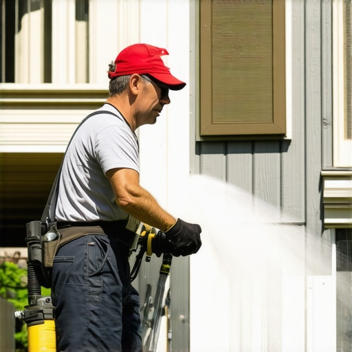 Homeowner using a power washer on house siding, demonstrating proper technique