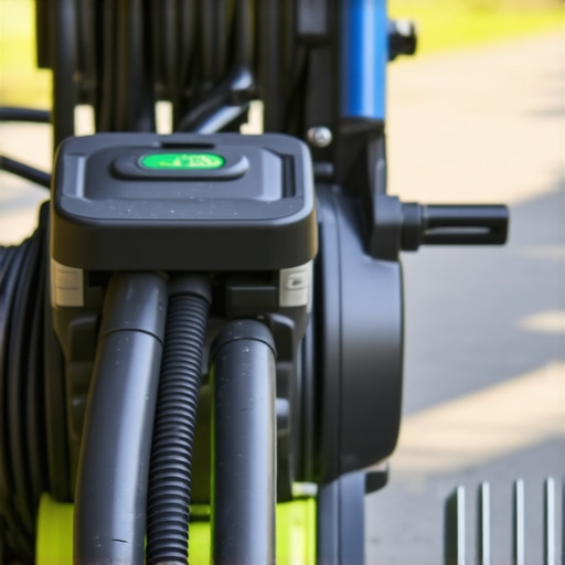 A professional power washer with various attachments and maintenance tools on a workbench.