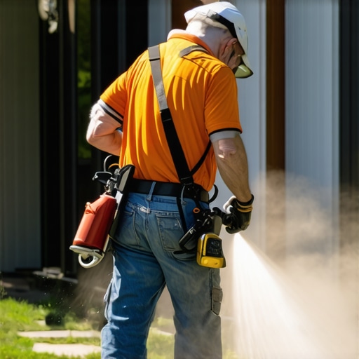 Professional worker power washing house with safety gear