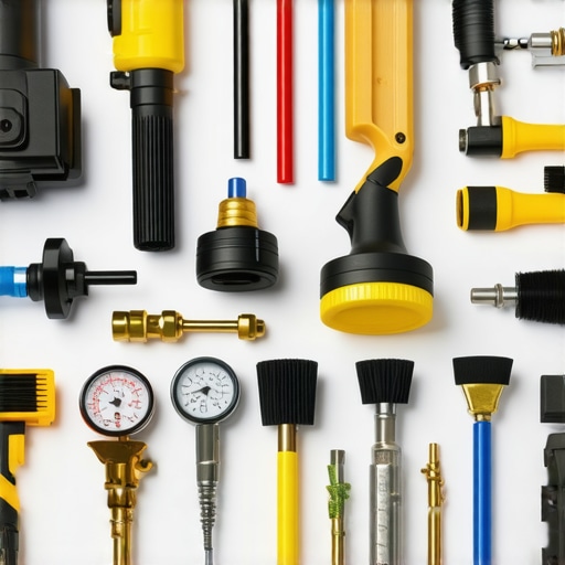 Tools and accessories for maintaining a power washer, including nozzles, gauges, and brushes.