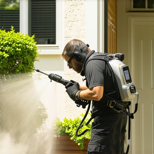 Power washer cleaning a house exterior with proper equipment