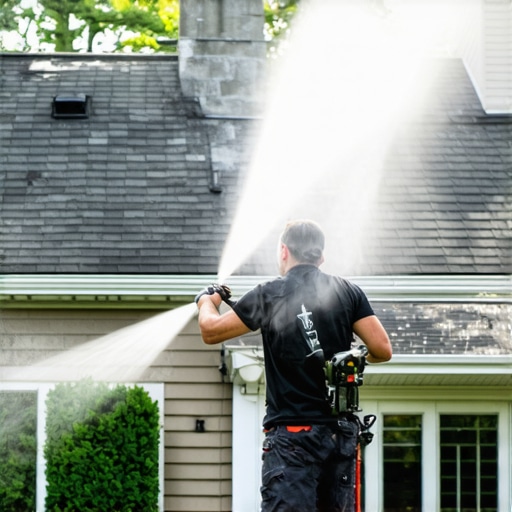 Person demonstrating correct power washing method on house exterior