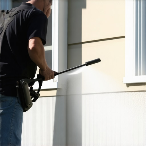 Homeowner cleaning house siding with pressure washer using correct settings.