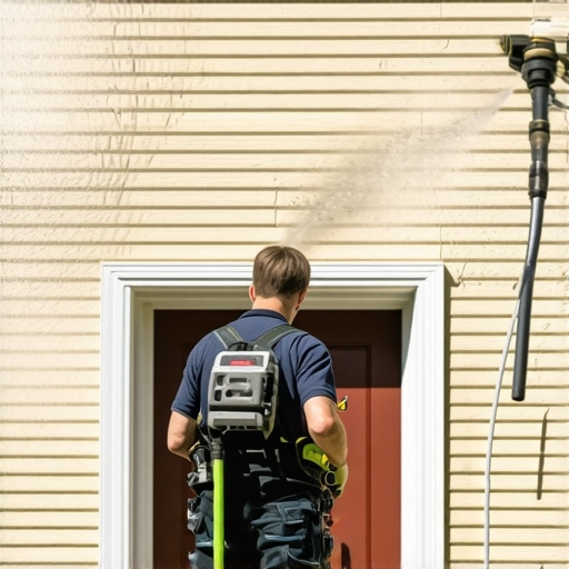 Person carefully cleaning house siding with a pressure washer, demonstrating proper method.