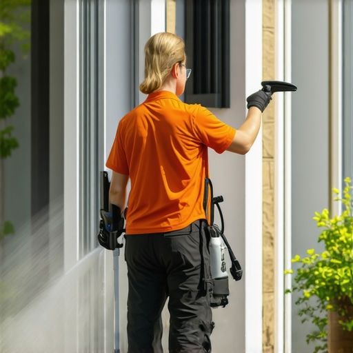 A person power washing a house with safety gear and proper equipment, demonstrating recommended technique.
