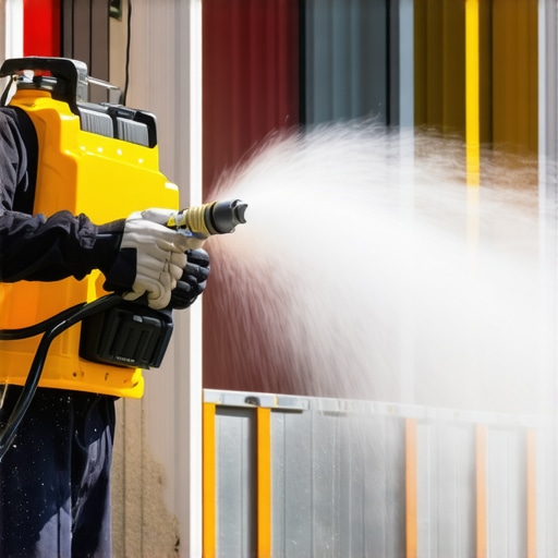 Power washer with nozzle and foam cannon cleaning a house exterior