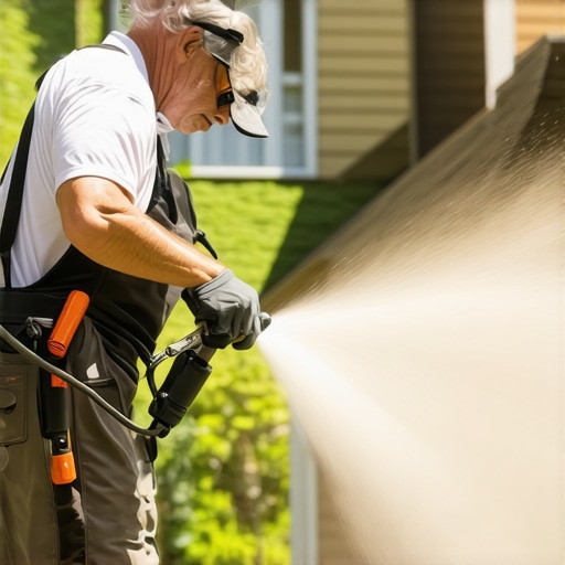 Homeowner power washing house siding with proper technique, demonstrating safe distance and method.