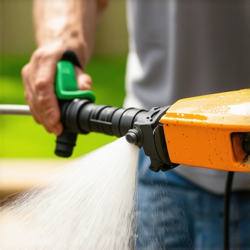 Power Washer Maintenance in Action Person cleaning power washer nozzle and inspecting filters outside