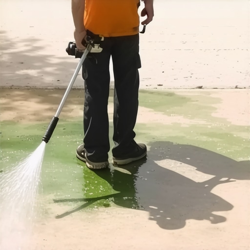 Powerwashing a driveway effectively A homeowner using a powerwasher to clean a concrete driveway, demonstrating proper technique and equipment