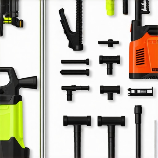 Organized power washing tools including pressure washer, nozzles, and accessories ready for use.
