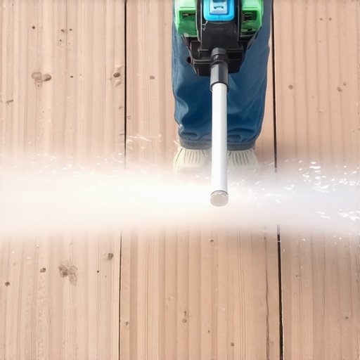 Person carefully power washing a wooden deck with a fan nozzle at a safe distance, demonstrating correct technique.