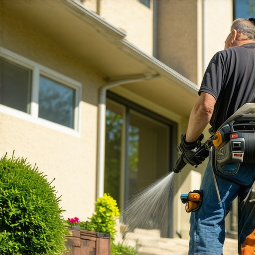 Homeowner operating a power washer with correct stance and safety gear.