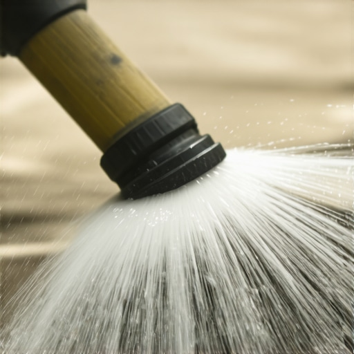 Person cleaning a powerwasher nozzle with a brush, highlighting maintenance process