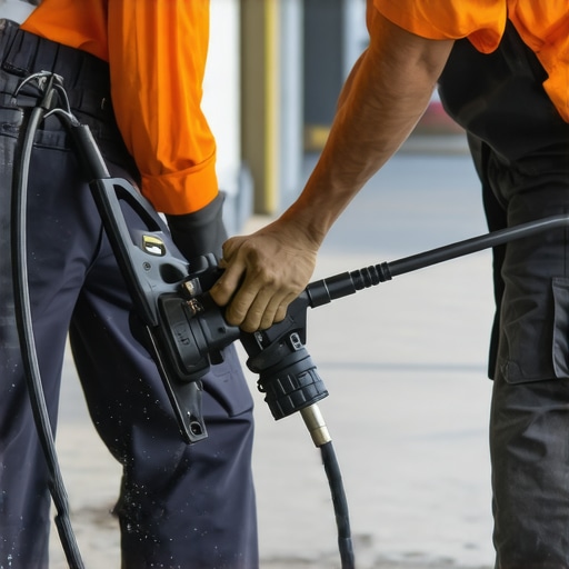 Person inspecting and maintaining a power washer in a workshop setting.