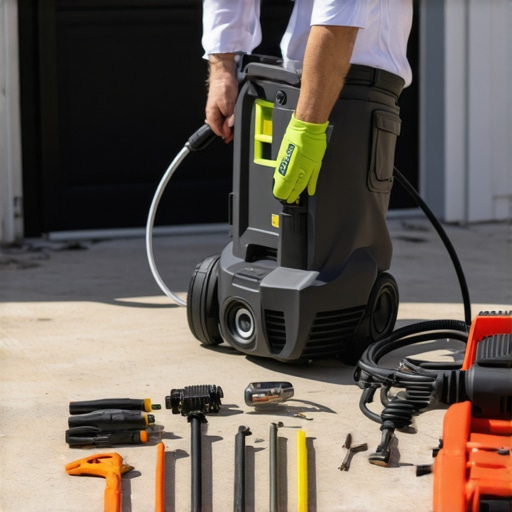 A technician inspecting power washing equipment with tools for maintenance.