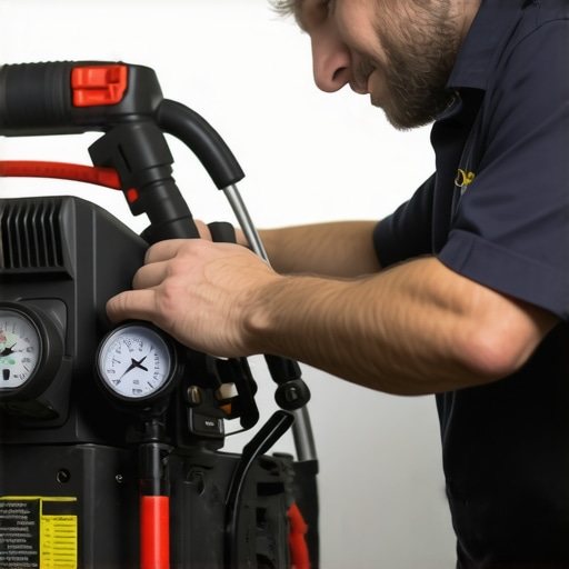 Technician checking a power washer with gauges and tools for maintenance.
