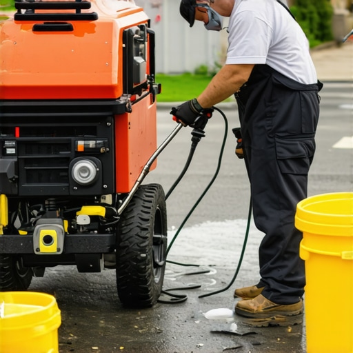 Power Washer Maintenance in Action Technician inspecting and maintaining a power washer for optimal performance.