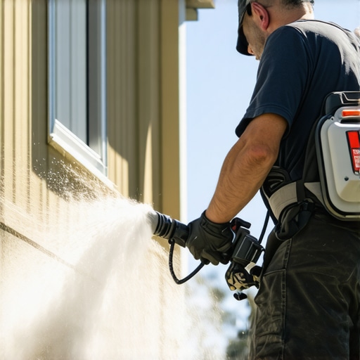 Person carefully power washing a house siding with professional equipment.