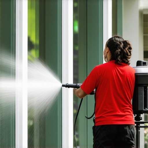 Person demonstrating correct power washing technique on window with a spray at 45-degree angle