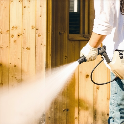 Person using a power washer at an angle to clean a wooden deck